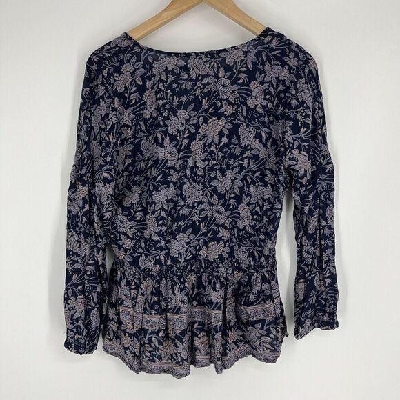 Lucky Brand Top Size Small Womens Navy Peasant Floral Print V Neck Smocked Boho - Picture 6 of 10